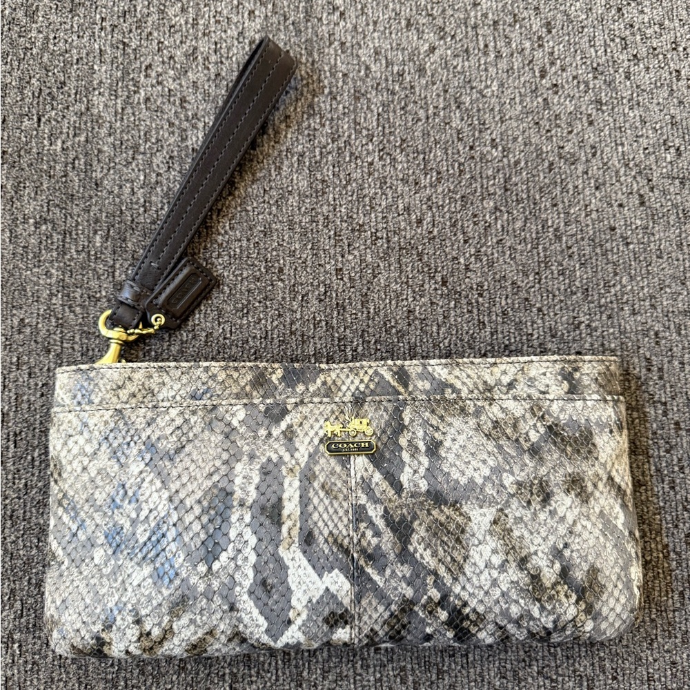 Coach Snake-Print Leather Wristlet in Gray, Black & Cream
